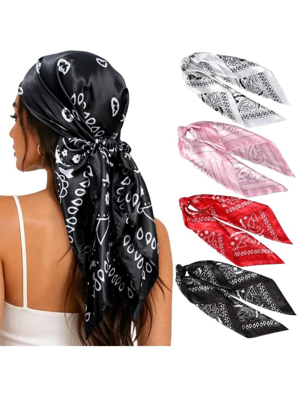 4-Pack 35” Satin Hair Scarves for Women - Silk-like Bandanas & Head Wraps